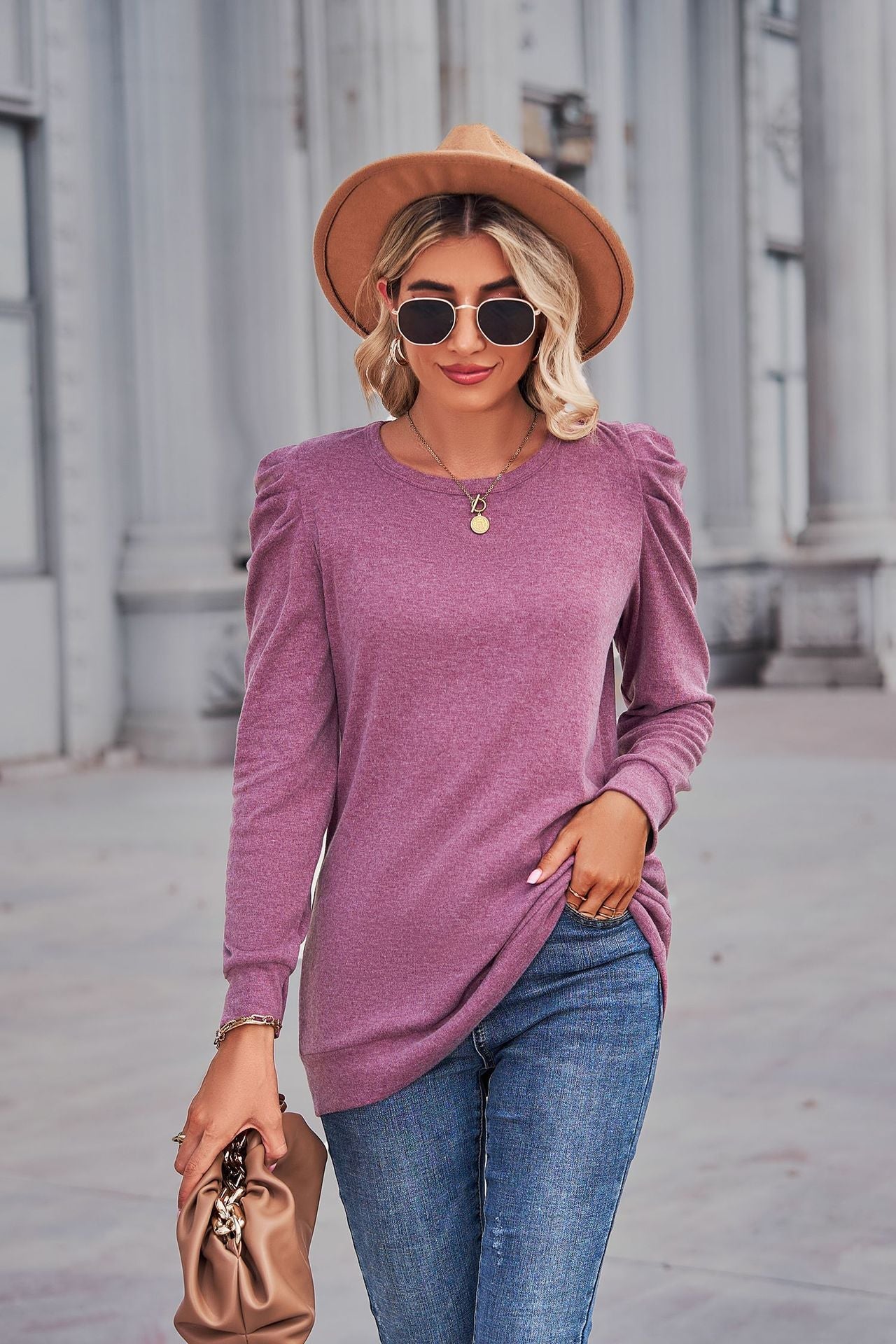 Heathered Puff Sleeve Round Neck Tunic Top - Purple / S - T-Shirts - Shirts & Tops - 19 - 2024