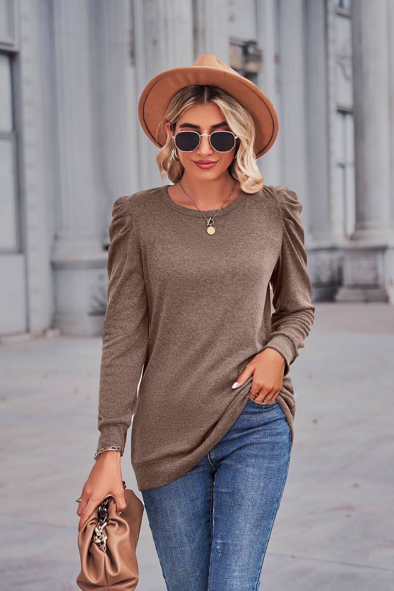 Heathered Puff Sleeve Round Neck Tunic Top - Brown / S - T-Shirts - Shirts & Tops - 1 - 2024