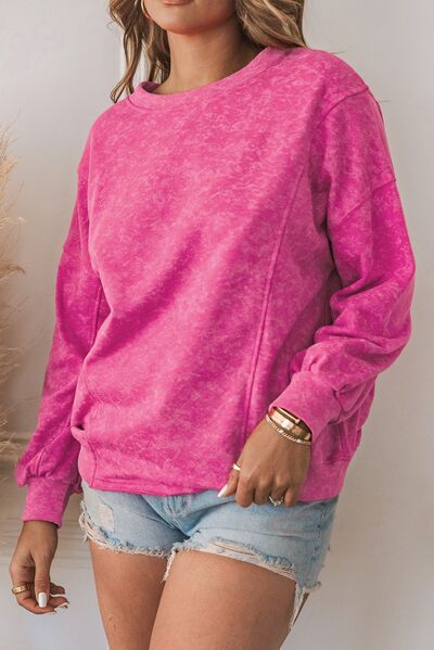 Heathered Round Neck Dropped Shoulder Sweatshirt - Hot Pink / S - T-Shirts - Shirts & Tops - 1 - 2024