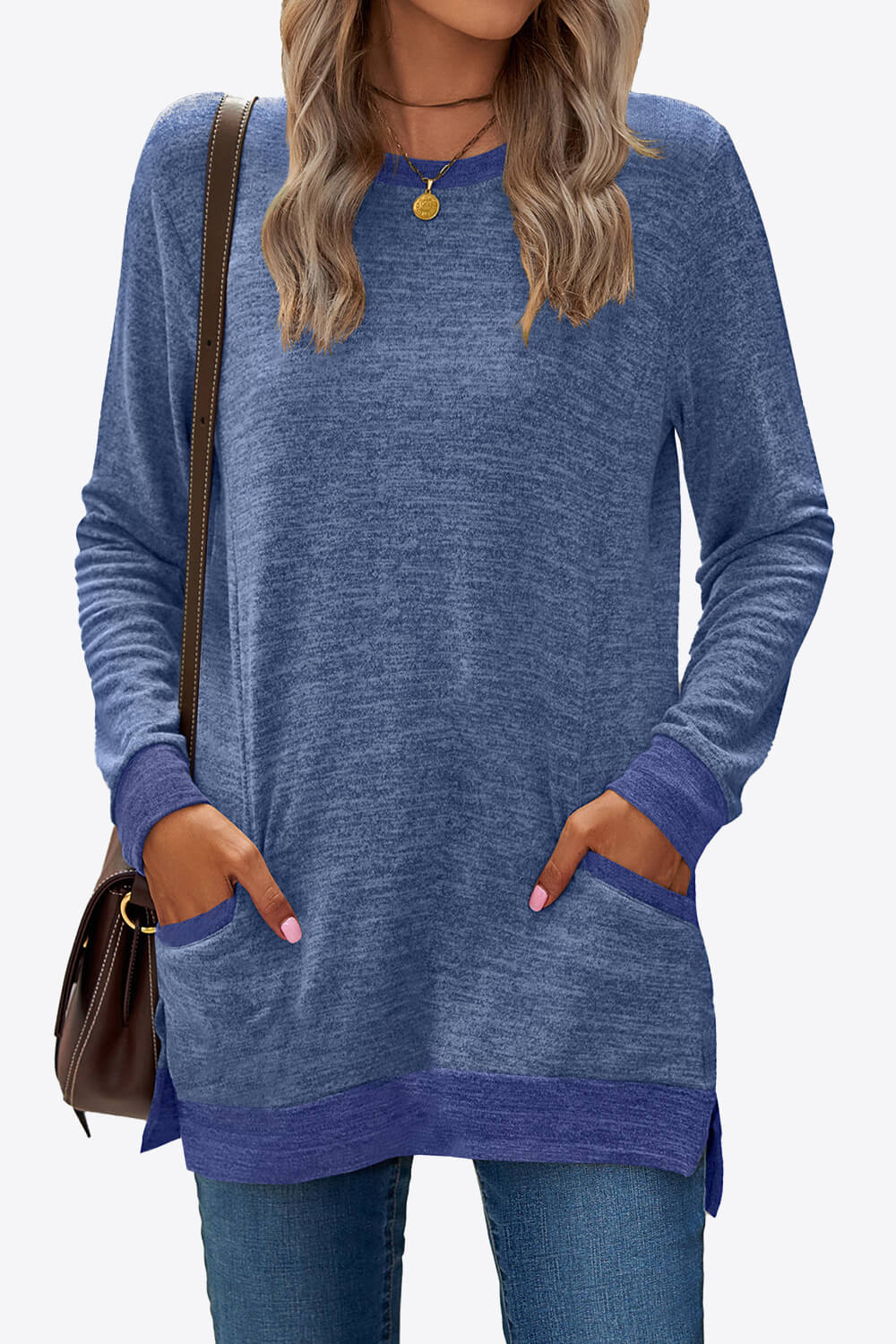 Heathered Slit Top with Pockets - Blue / S - T-Shirts - Shirts & Tops - 22 - 2024