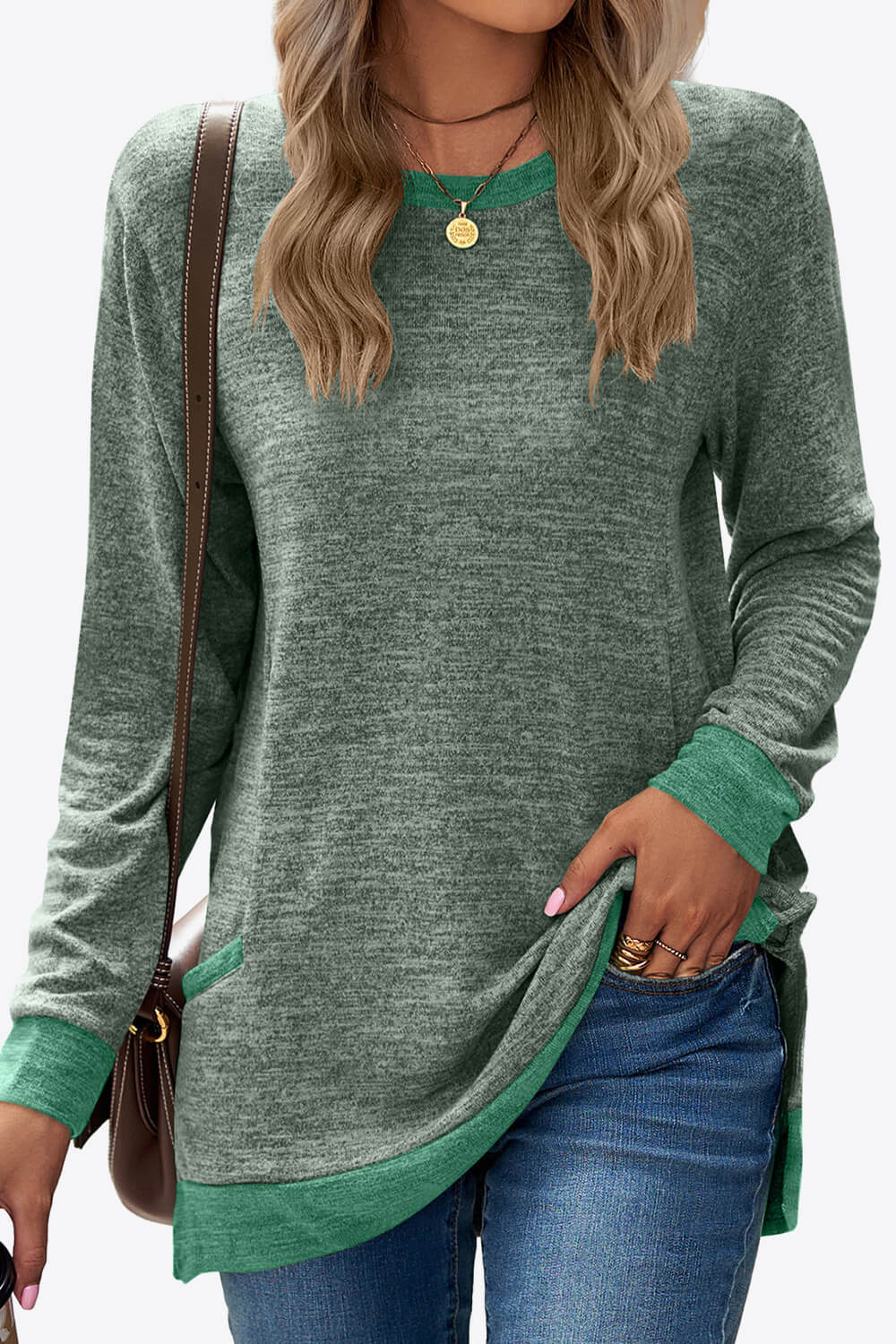 Heathered Slit Top with Pockets - Light Green / S - T-Shirts - Shirts & Tops - 25 - 2024