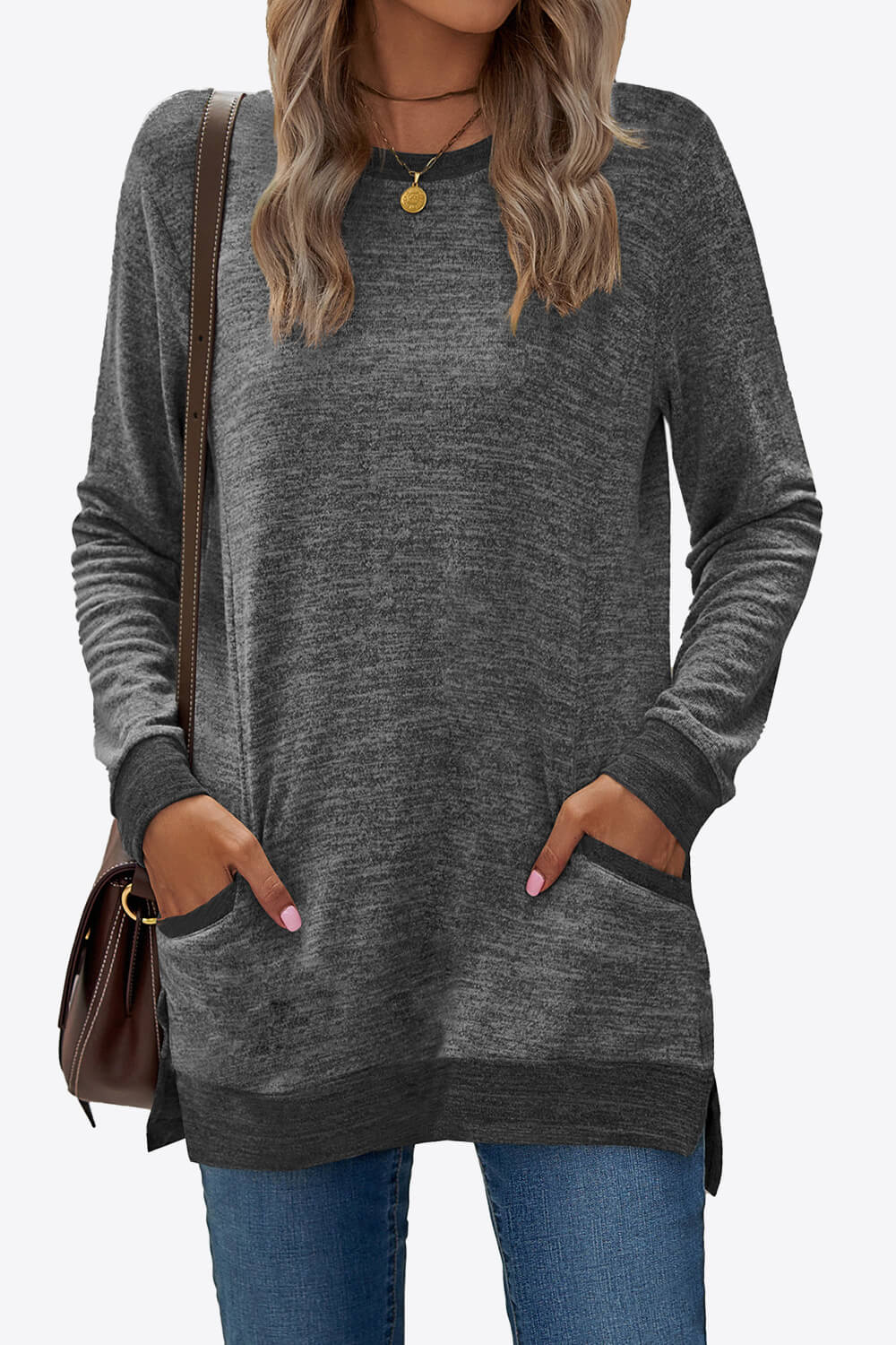 Heathered Slit Top with Pockets - Dark Gray / S - T-Shirts - Shirts & Tops - 4 - 2024