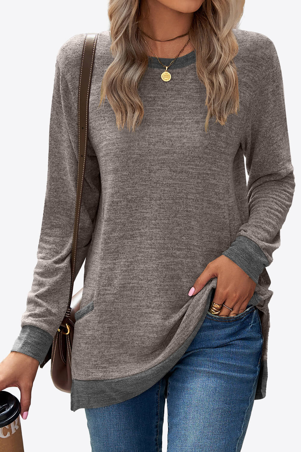 Heathered Slit Top with Pockets - Brown / S - T-Shirts - Shirts & Tops - 1 - 2024