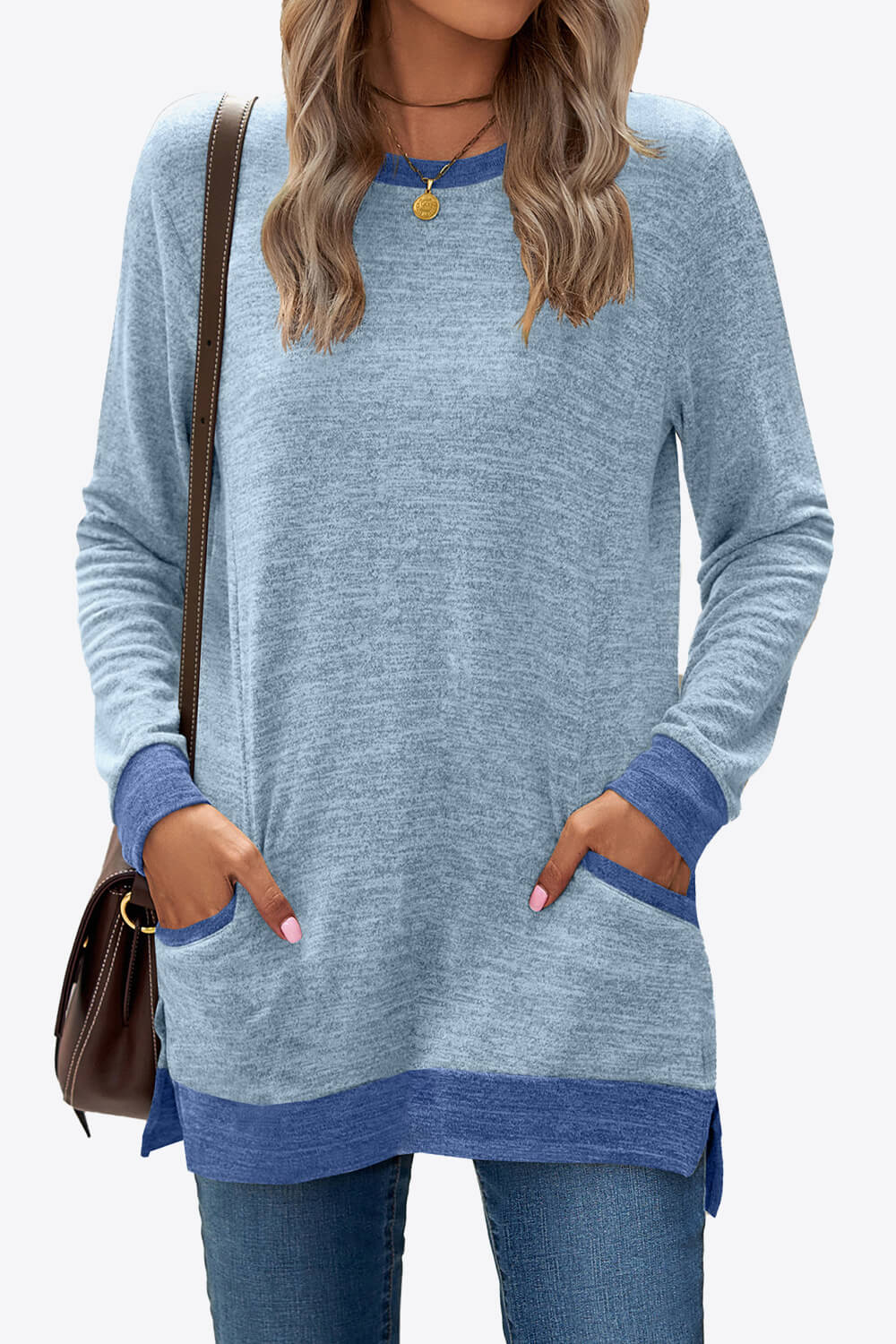 Heathered Slit Top with Pockets - Light Blue / S - T-Shirts - Shirts & Tops - 7 - 2024
