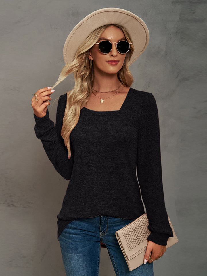 Heathered Square Neck Long Sleeve T-Shirt - T-Shirts - Shirts & Tops - 11 - 2024