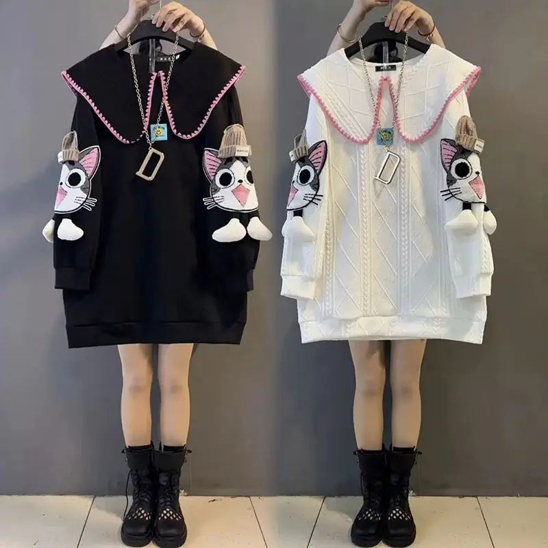 Japanese Cat Embroidery Oversized Sweatshirt - T-Shirts - Shirts & Tops - 1 - 2024