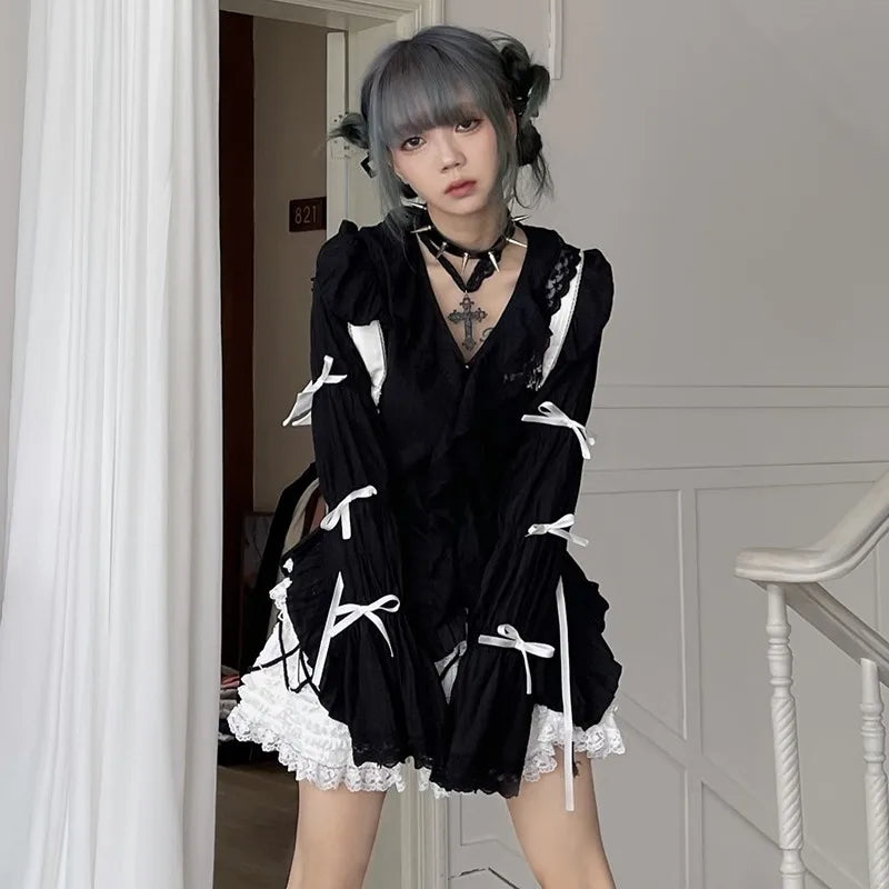 Japanese Y2K Black Lace Shirt - Gothic Fairy Harajuku Irregular Blouse - T-Shirts - Shirts & Tops - 4 - 2024