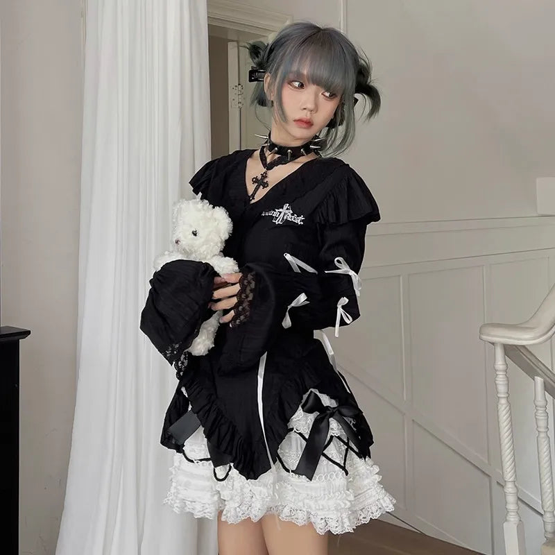 Japanese Y2K Black Lace Shirt - Gothic Fairy Harajuku Irregular Blouse - Black / L - T-Shirts - Shirts & Tops - 3 - 2024