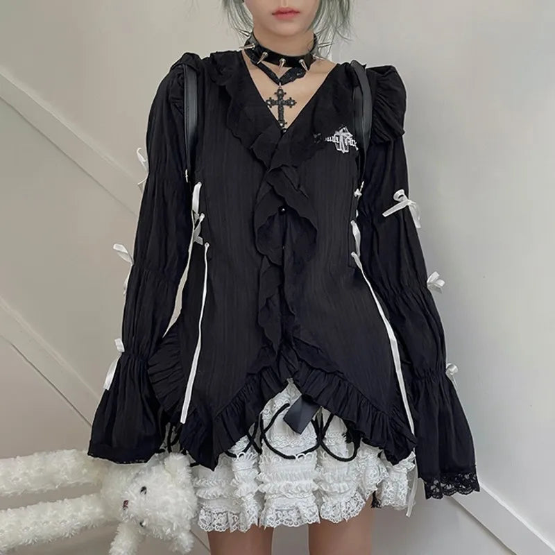 Japanese Y2K Black Lace Shirt - Gothic Fairy Harajuku Irregular Blouse - T-Shirts - Shirts & Tops - 5 - 2024