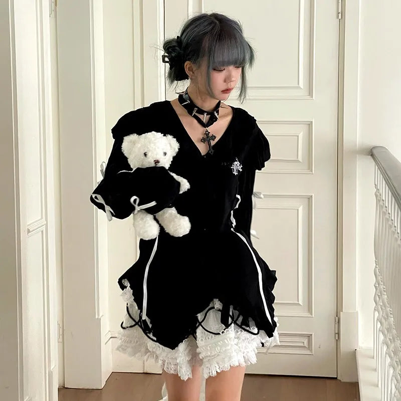 Japanese Y2K Black Lace Shirt - Gothic Fairy Harajuku Irregular Blouse - T-Shirts - Shirts & Tops - 2 - 2024