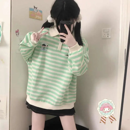 Japanese Y2K Preppy Style Sweatshirt - Cute Striped Vintage Hoodies for Women - green / S - T-Shirts - Shirts & Tops