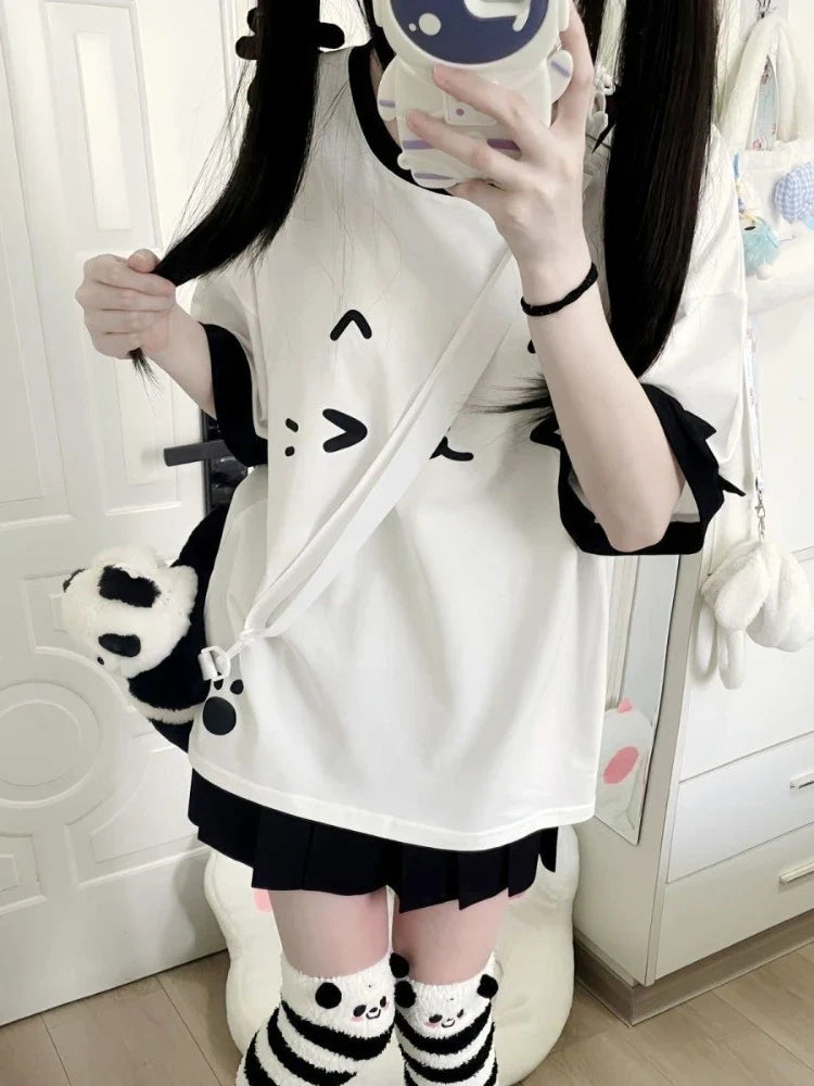 Kawaii Cat Patchwork T-Shirt – Y2K Harajuku Loose Japanese Top - T-Shirts - T-Shirts - 2 - 2024