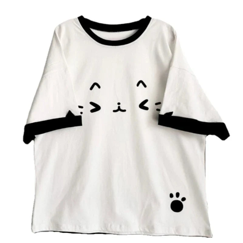 Kawaii Cat Patchwork T-Shirt – Y2K Harajuku Loose Japanese Top - White / S - T-Shirts - T-Shirts - 7 - 2024