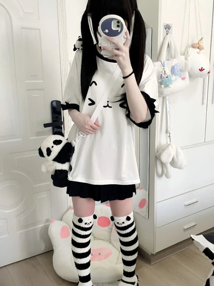 Kawaii Cat Patchwork T-Shirt – Y2K Harajuku Loose Japanese Top - T-Shirts - T-Shirts - 3 - 2024