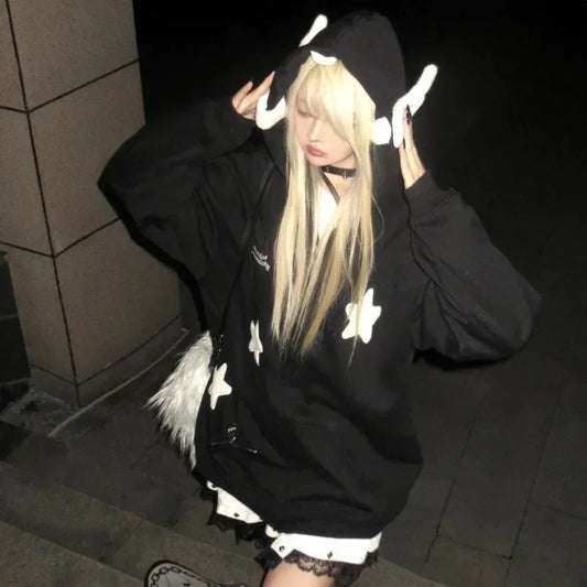 Kawaii Harajuku Hoodie - Japanese Y2K Star Girl Zipper Sweatshirt - Black / M - T-Shirts - Shirts & Tops - 1 - 2024
