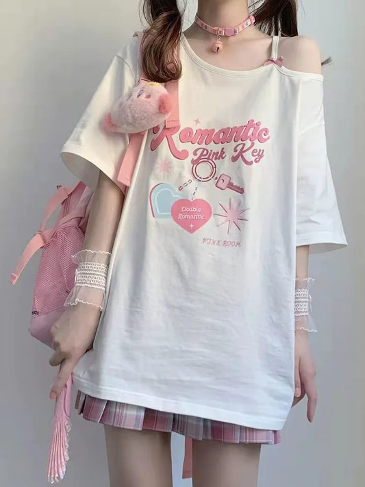 Kawaii Off-Shoulder Graphic Tee for Women - T-Shirts - Shirts & Tops - 1 - 2024