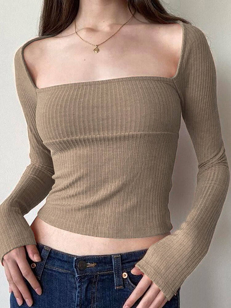 Knitted Long Sleeve Crop Tops - Khaki / L - T-Shirts - Shirts & Tops - 13 - 2024