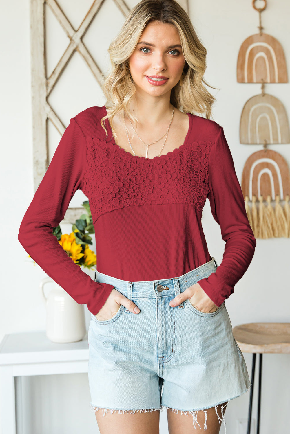 Lace Crochet Long Sleeve Top - Red / S - T-Shirts - Shirts & Tops - 16 - 2024