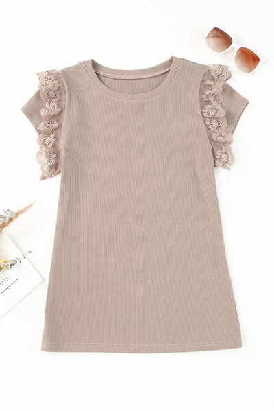 Lace Detail Round Neck Cap Sleeve T-Shirt - T-Shirts - Shirts & Tops - 2 - 2024
