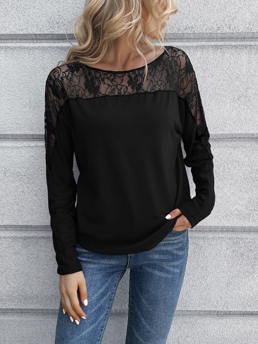 Lace Long Sleeve Round Neck Tee - T-Shirts - Shirts & Tops - 6 - 2024