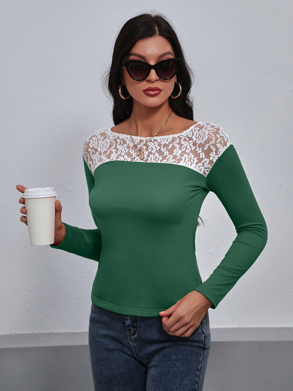 Lace Trim Long Sleeve Round Neck Tee - T-Shirts - Shirts & Tops - 11 - 2024
