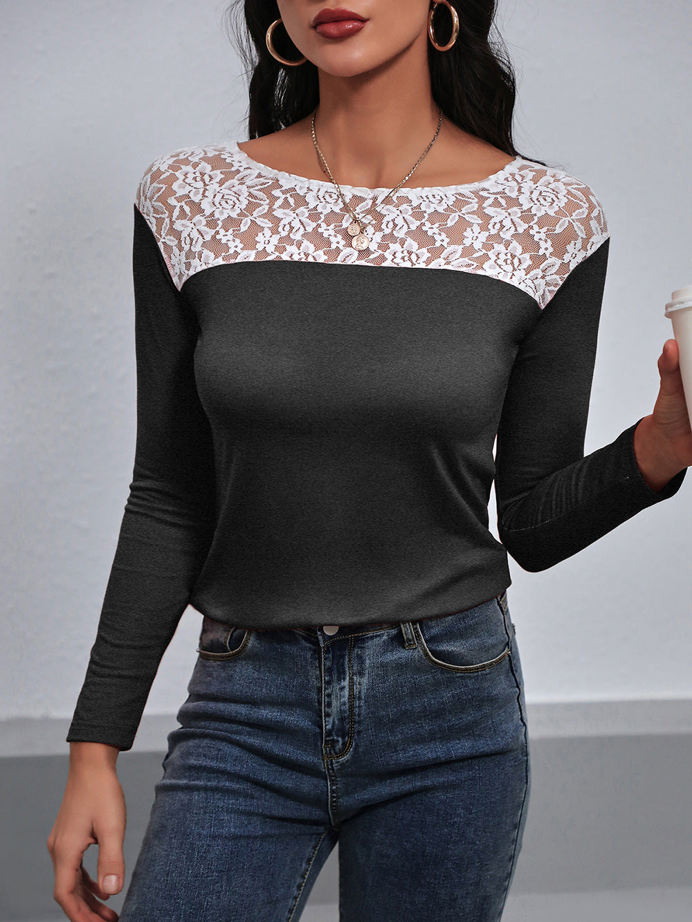 Lace Trim Long Sleeve Round Neck Tee - Dark Gray / S - T-Shirts - Shirts & Tops - 4 - 2024