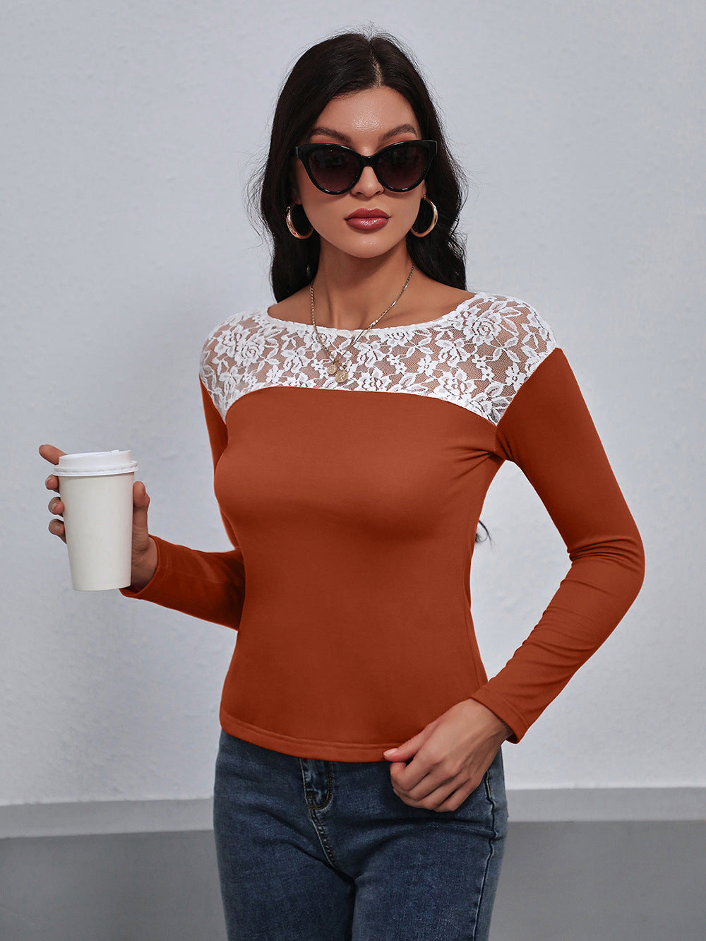 Lace Trim Long Sleeve Round Neck Tee - T-Shirts - Shirts & Tops - 14 - 2024