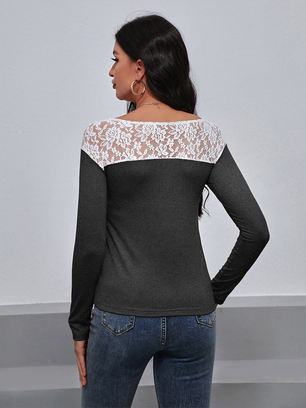 Lace Trim Long Sleeve Round Neck Tee - T-Shirts - Shirts & Tops - 6 - 2024