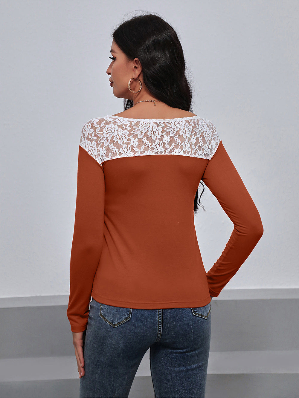 Lace Trim Long Sleeve Round Neck Tee - T-Shirts - Shirts & Tops - 15 - 2024