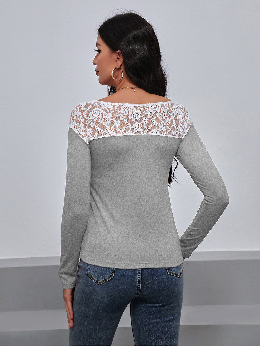 Lace Trim Long Sleeve Round Neck Tee - T-Shirts - Shirts & Tops - 9 - 2024