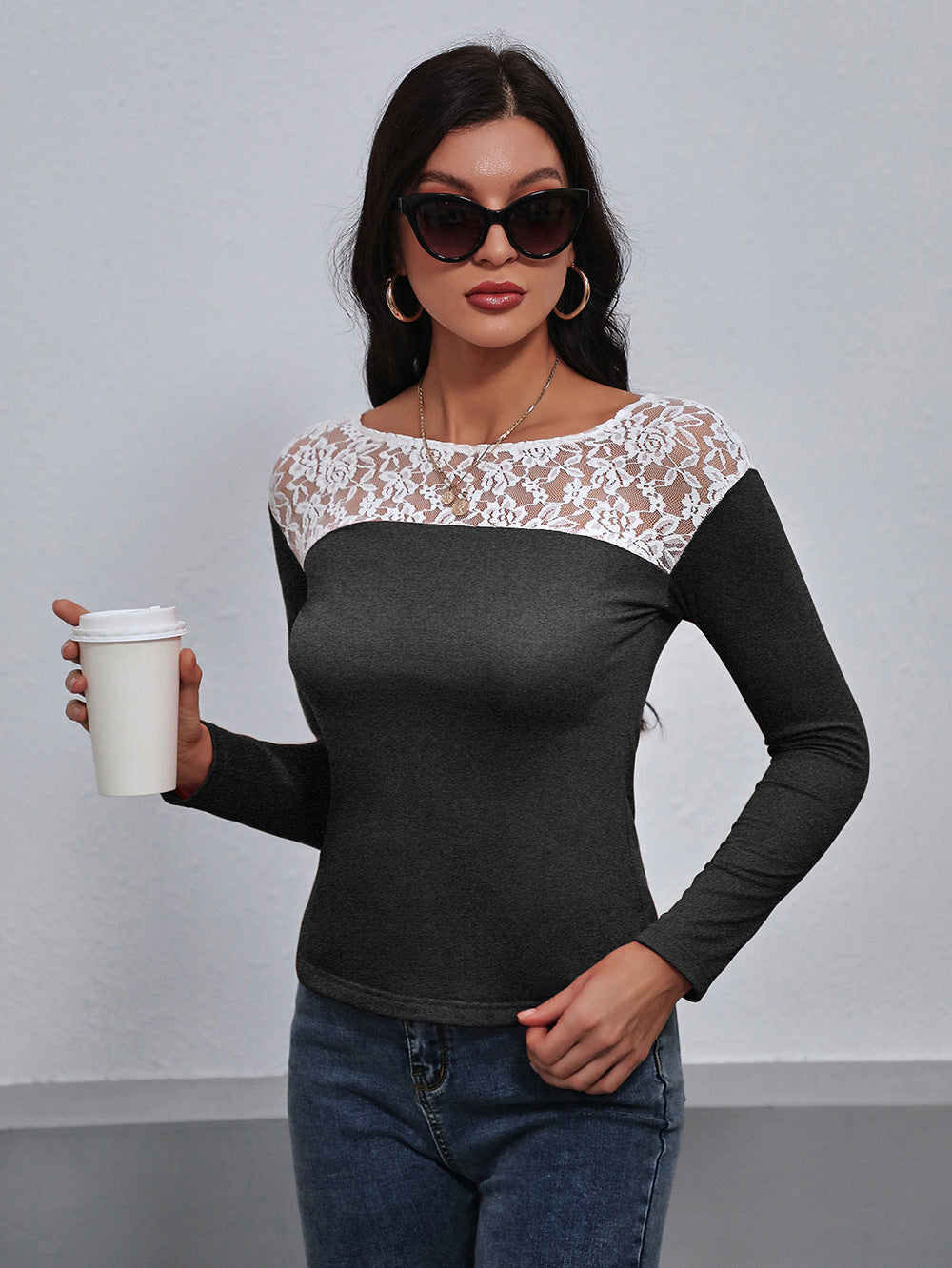 Lace Trim Long Sleeve Round Neck Tee - T-Shirts - Shirts & Tops - 5 - 2024
