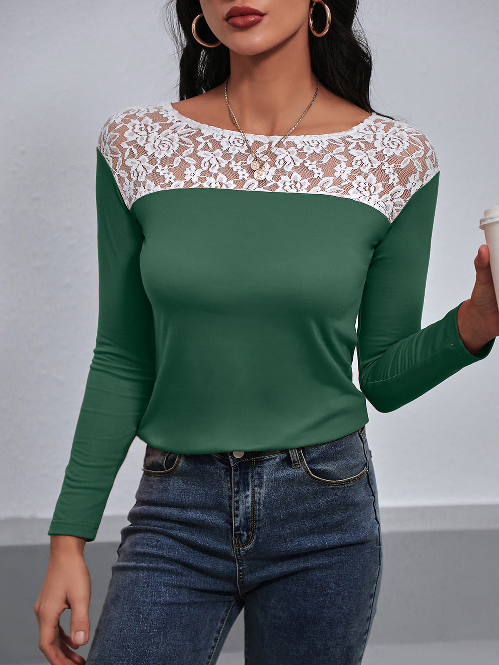 Lace Trim Long Sleeve Round Neck Tee - Green / S - T-Shirts - Shirts & Tops - 10 - 2024