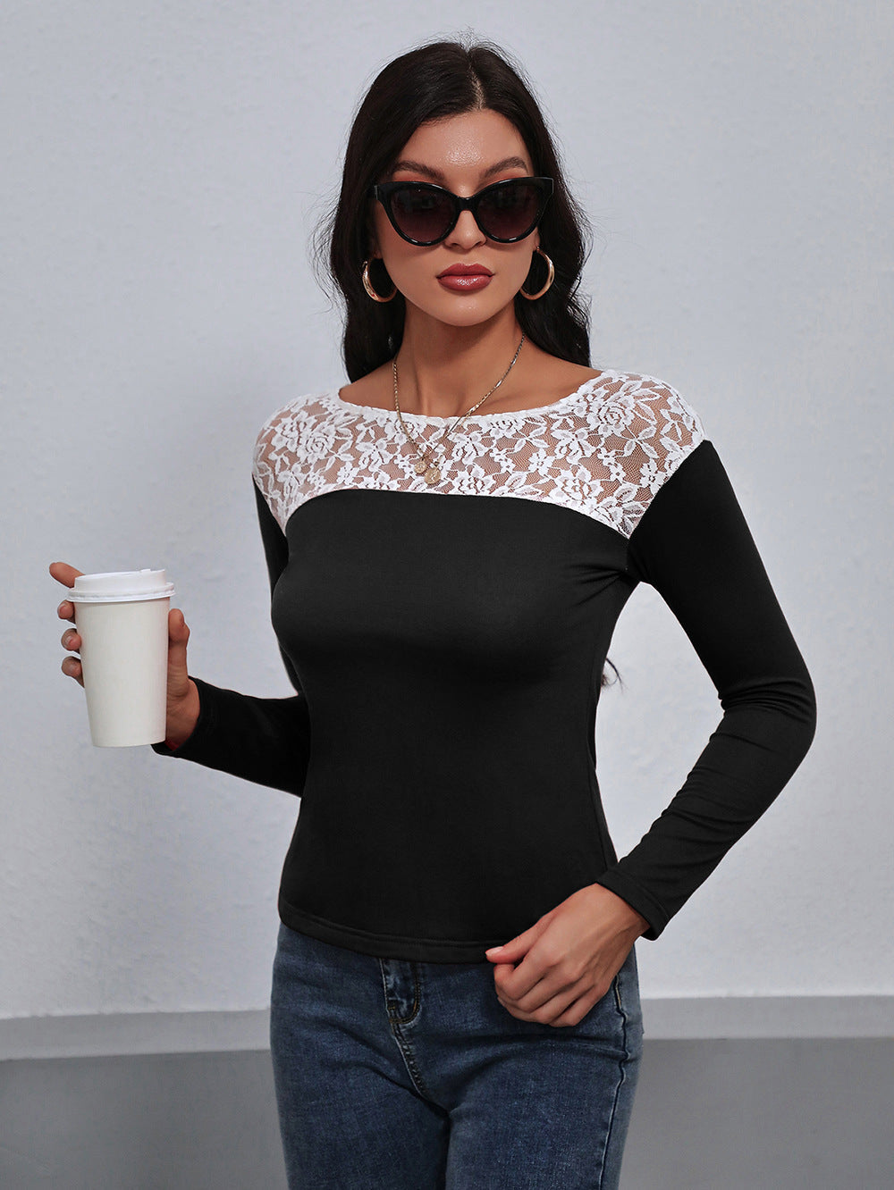 Lace Trim Long Sleeve Round Neck Tee - T-Shirts - Shirts & Tops - 3 - 2024