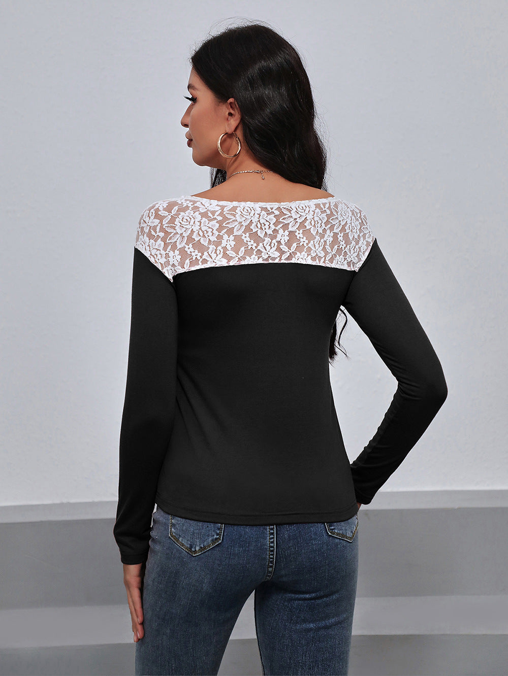 Lace Trim Long Sleeve Round Neck Tee - T-Shirts - Shirts & Tops - 2 - 2024