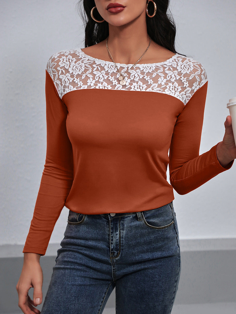 Lace Trim Long Sleeve Round Neck Tee - Orange / S - T-Shirts - Shirts & Tops - 13 - 2024