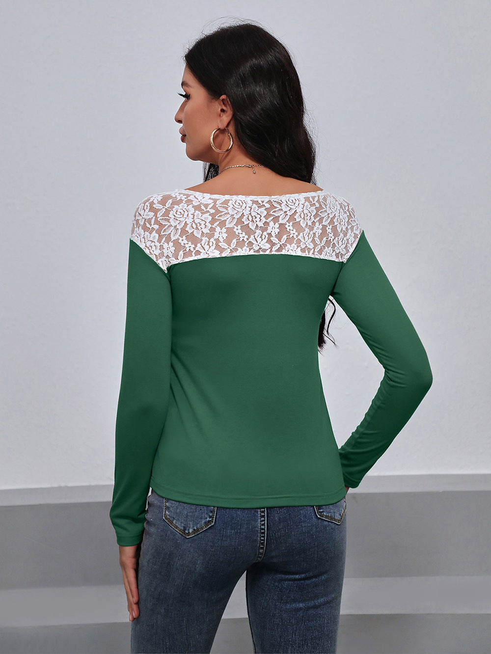 Lace Trim Long Sleeve Round Neck Tee - T-Shirts - Shirts & Tops - 12 - 2024