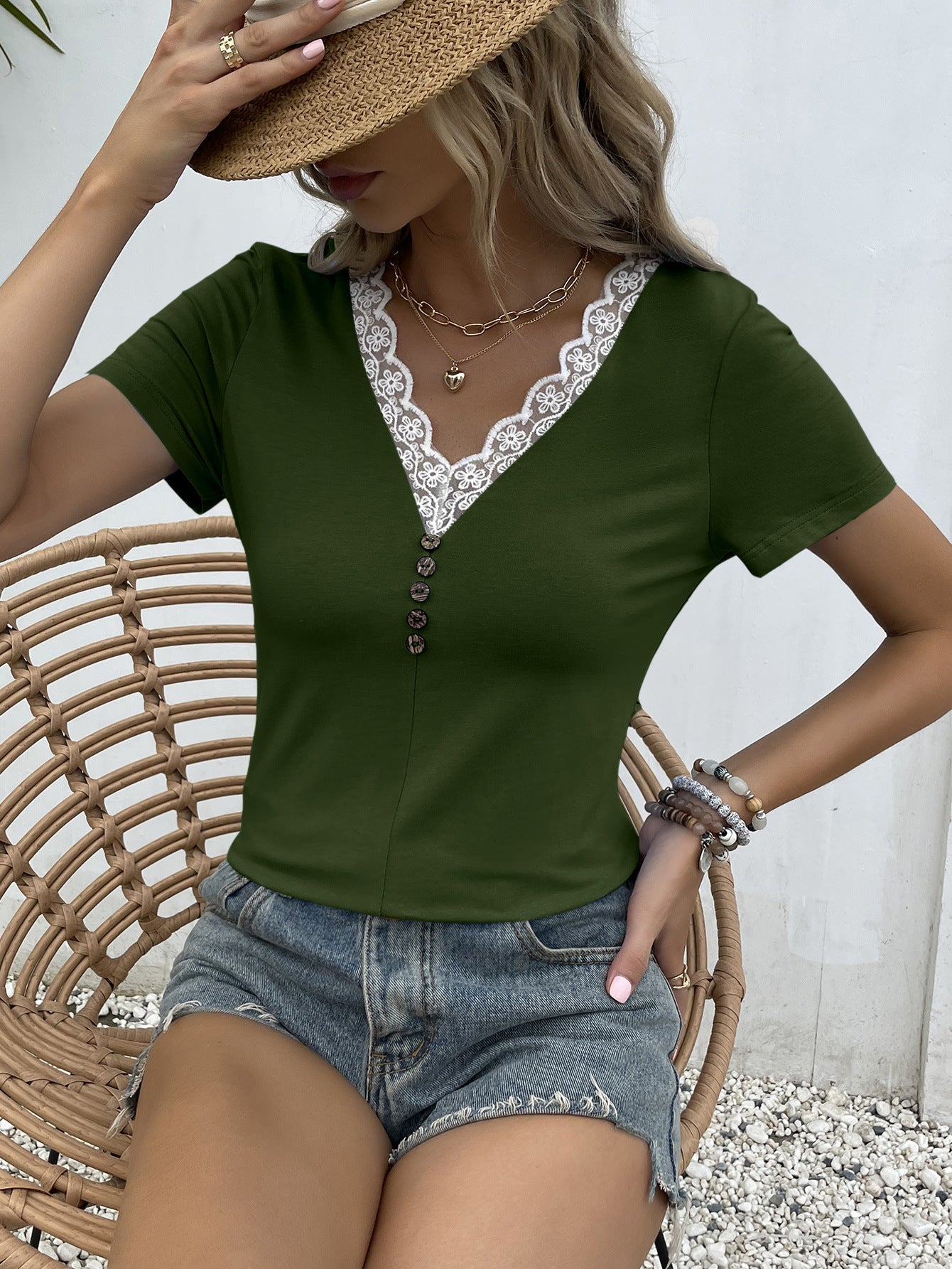 Lace Trim V-Neck Short Sleeve Blouse - Green / S - T-Shirts - Shirts & Tops - 7 - 2024
