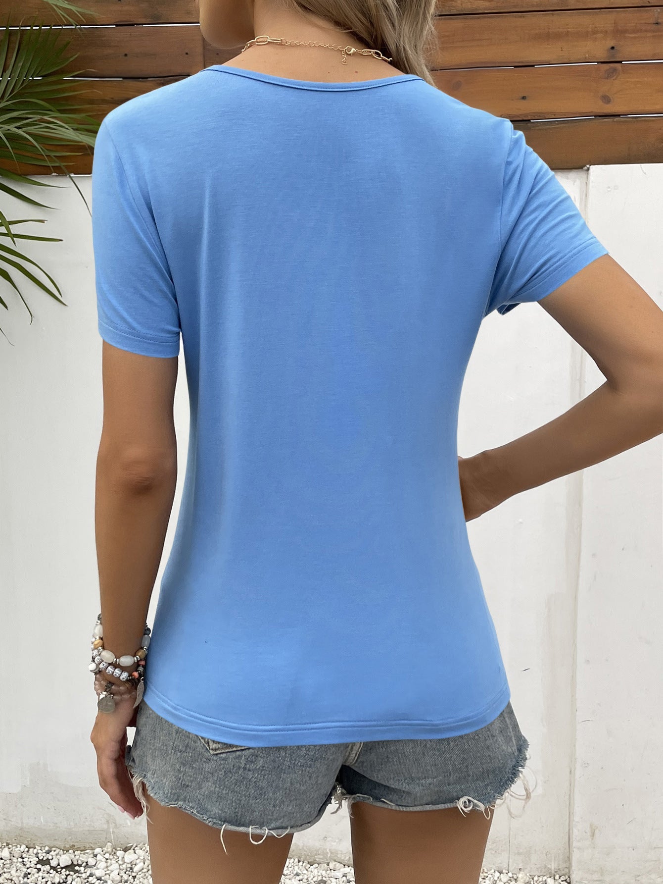 Lace Trim V-Neck Short Sleeve Blouse - T-Shirts - Shirts & Tops - 6 - 2024