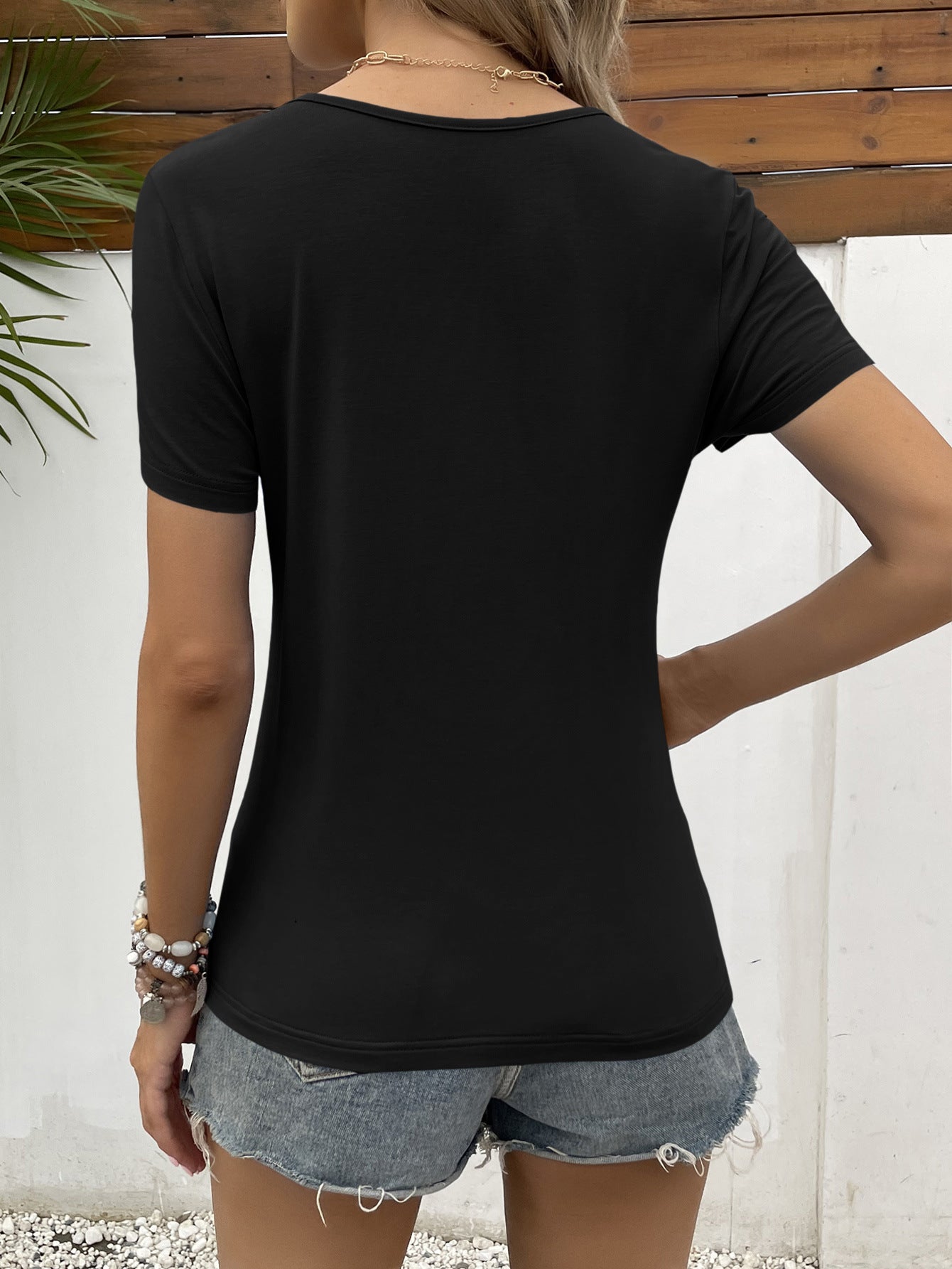 Lace Trim V-Neck Short Sleeve Blouse - T-Shirts - Shirts & Tops - 2 - 2024