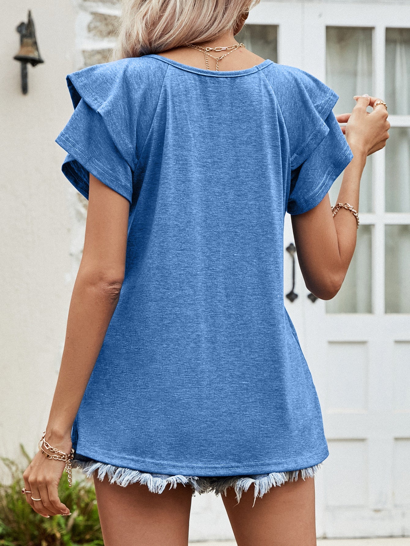 Layered Flutter Sleeve V-Neck Top - T-Shirts - Shirts & Tops - 3 - 2024