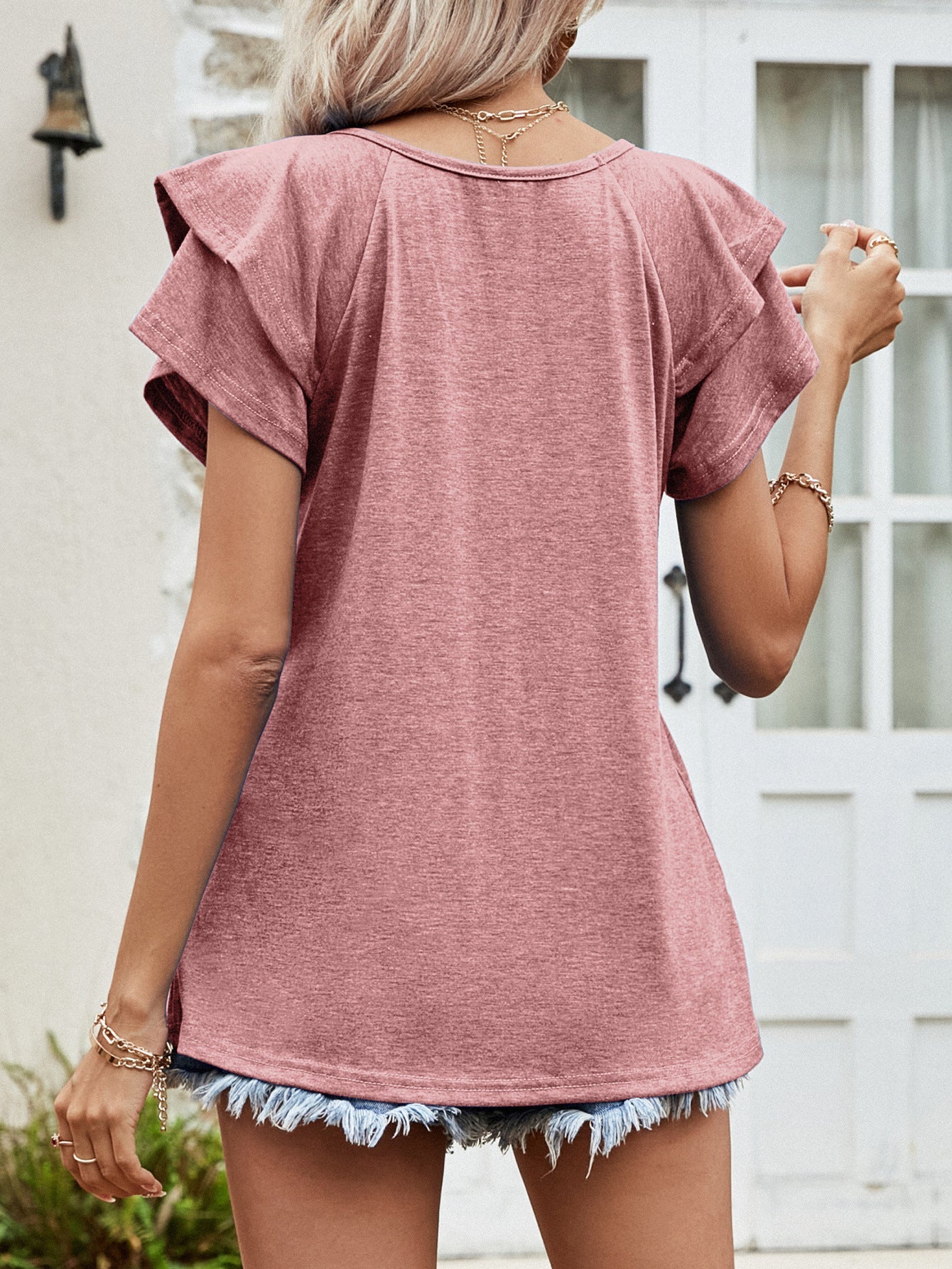 Layered Flutter Sleeve V-Neck Top - T-Shirts - Shirts & Tops - 6 - 2024