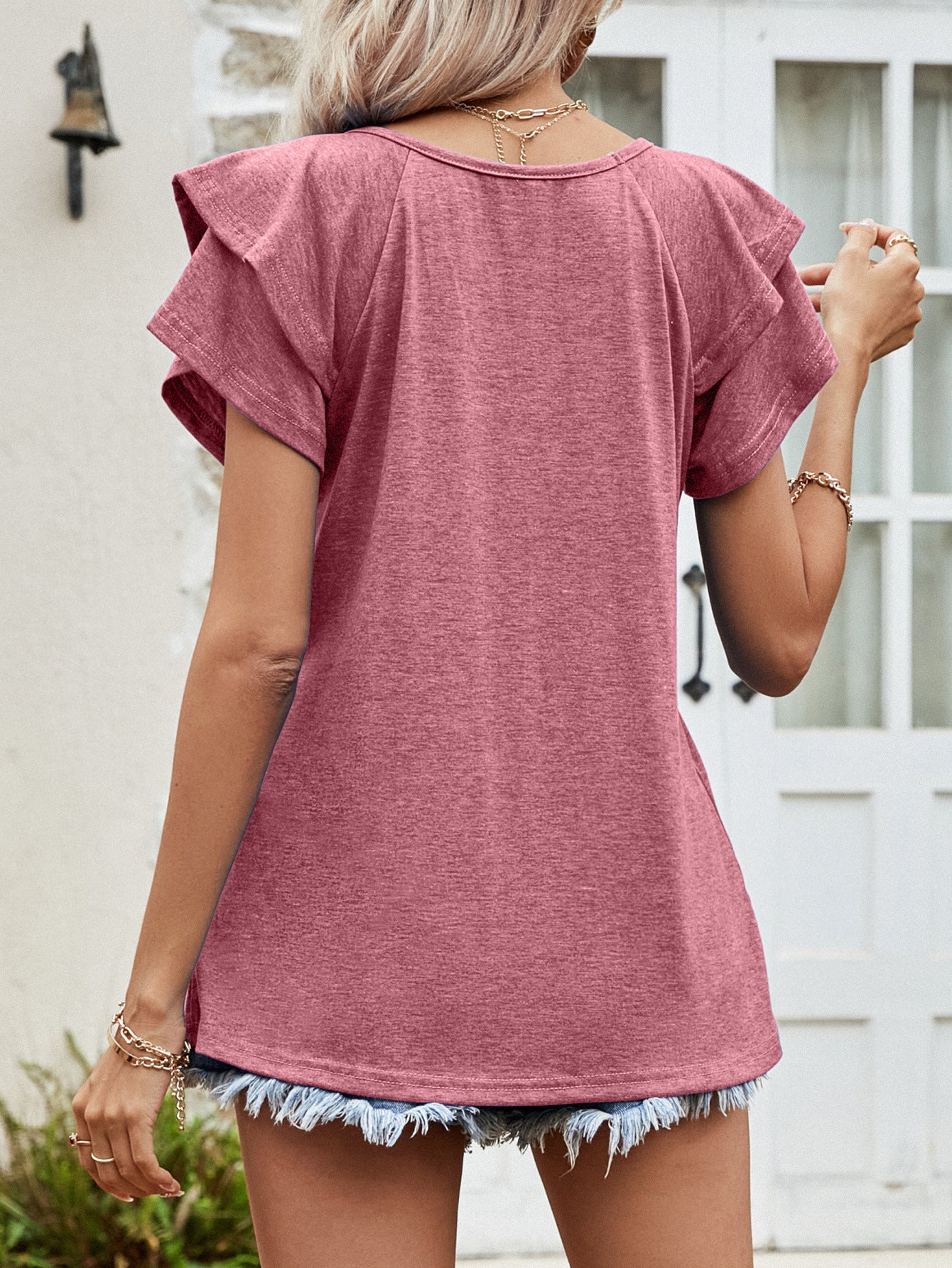 Layered Flutter Sleeve V-Neck Top - T-Shirts - Shirts & Tops - 12 - 2024