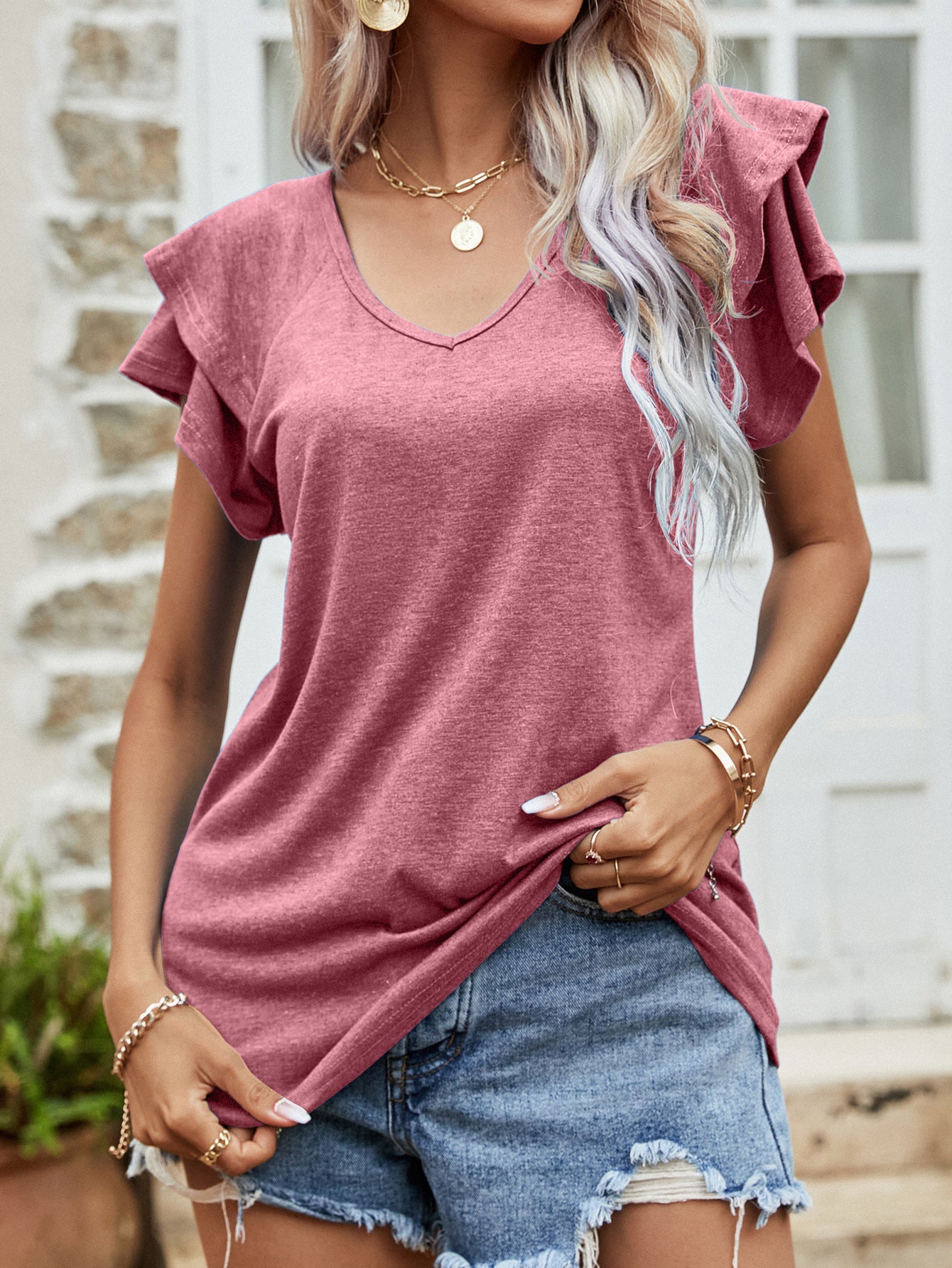 Layered Flutter Sleeve V-Neck Top - Dark Pink / S - T-Shirts - Shirts & Tops - 10 - 2024