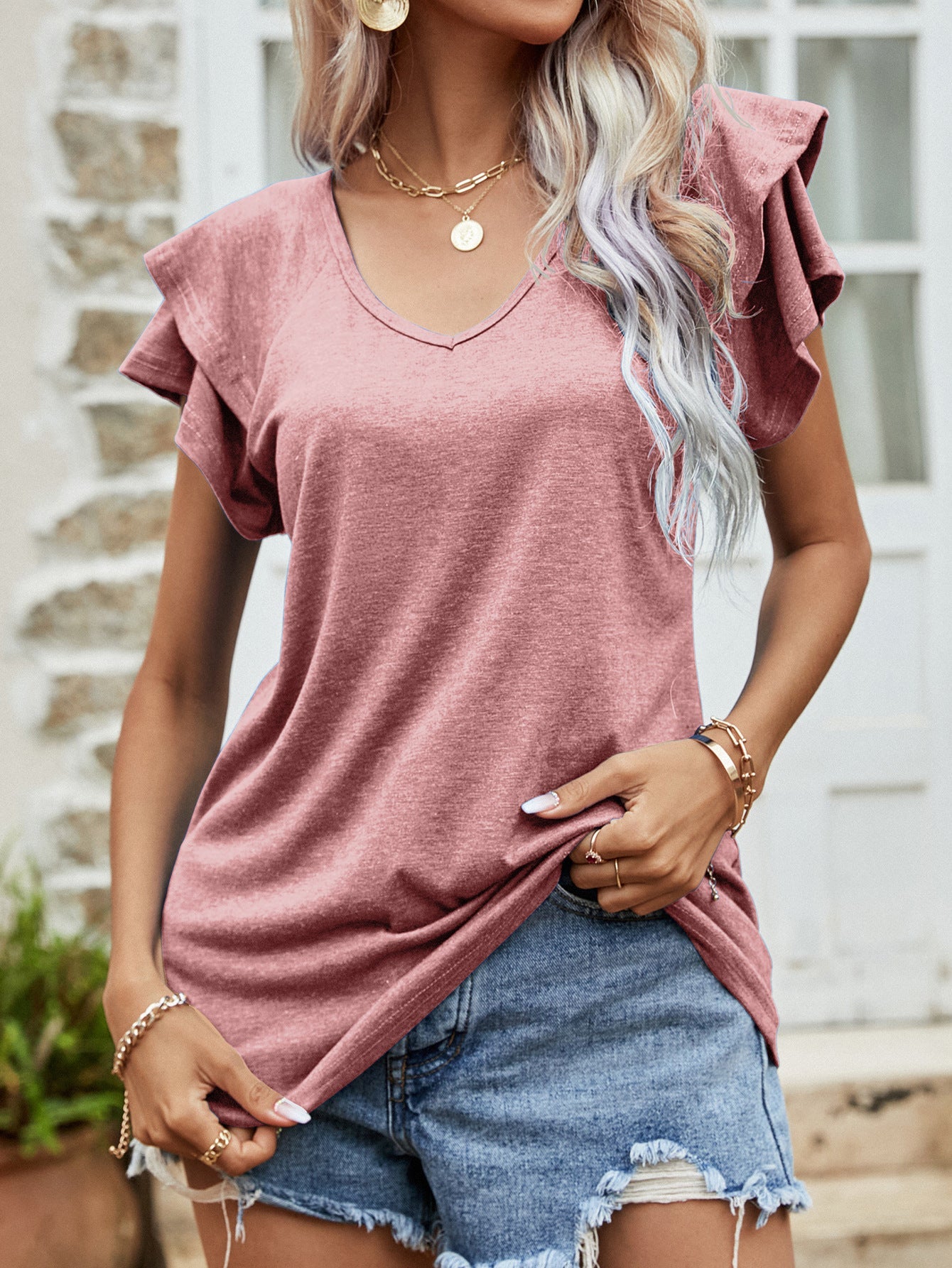 Layered Flutter Sleeve V-Neck Top - Pink / S - T-Shirts - Shirts & Tops - 4 - 2024