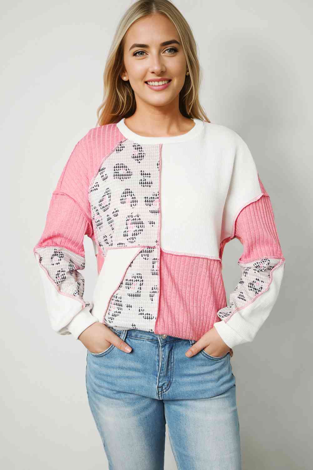 Leopard Color Block Exposed Seam Sweatshirt - Blush Pink / S - T-Shirts - Shirts & Tops - 1 - 2024