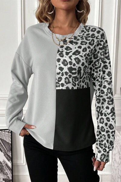 Leopard Color Block Round Neck T-Shirt - Charcoal / S - T-Shirts - Shirts & Tops - 1 - 2024