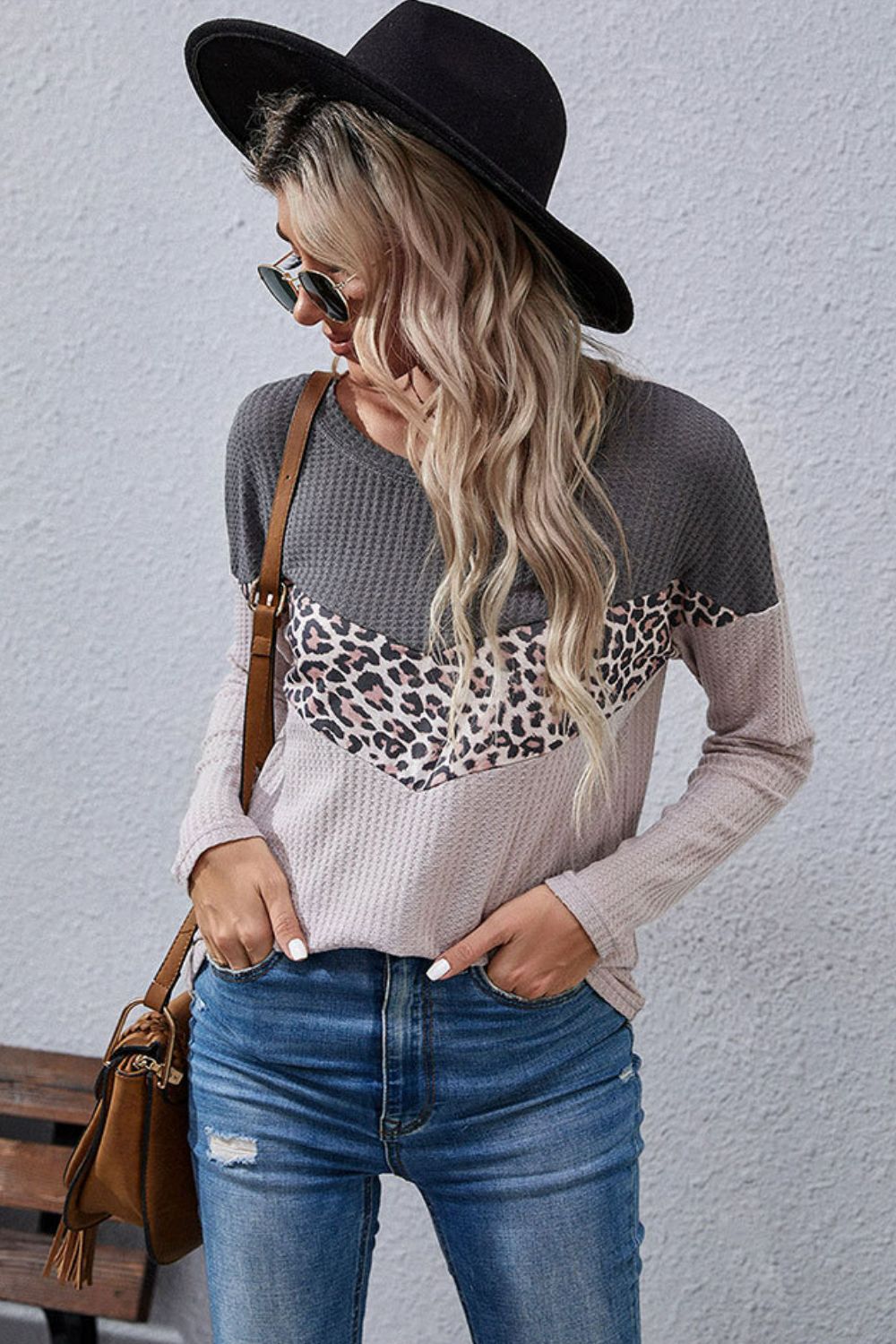 Leopard Color Block Waffle-Knit Long Sleeve Top - T-Shirts - Shirts & Tops - 4 - 2024