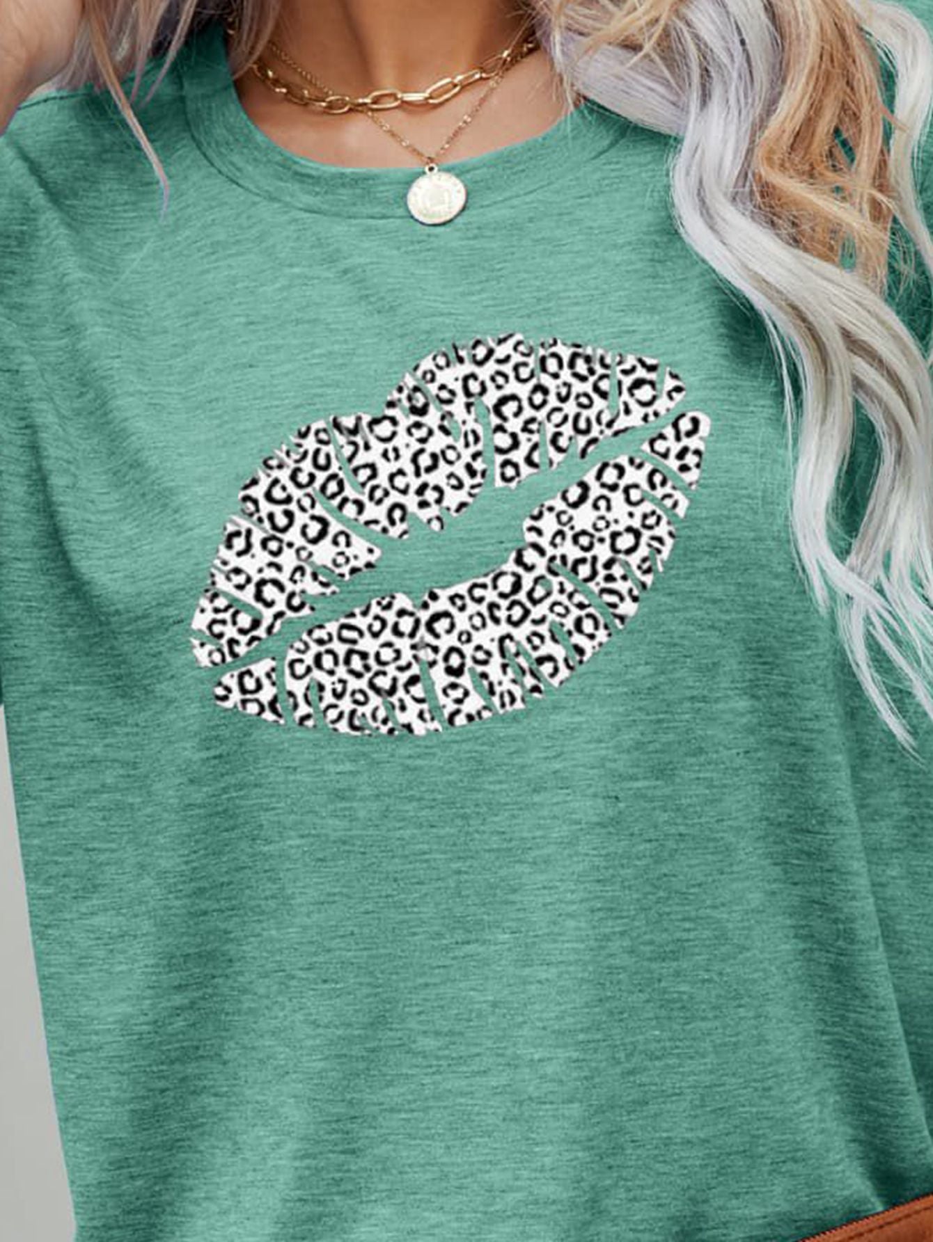 Leopard Lip Graphic Round Neck Tee - T-Shirts - Shirts & Tops - 12 - 2024