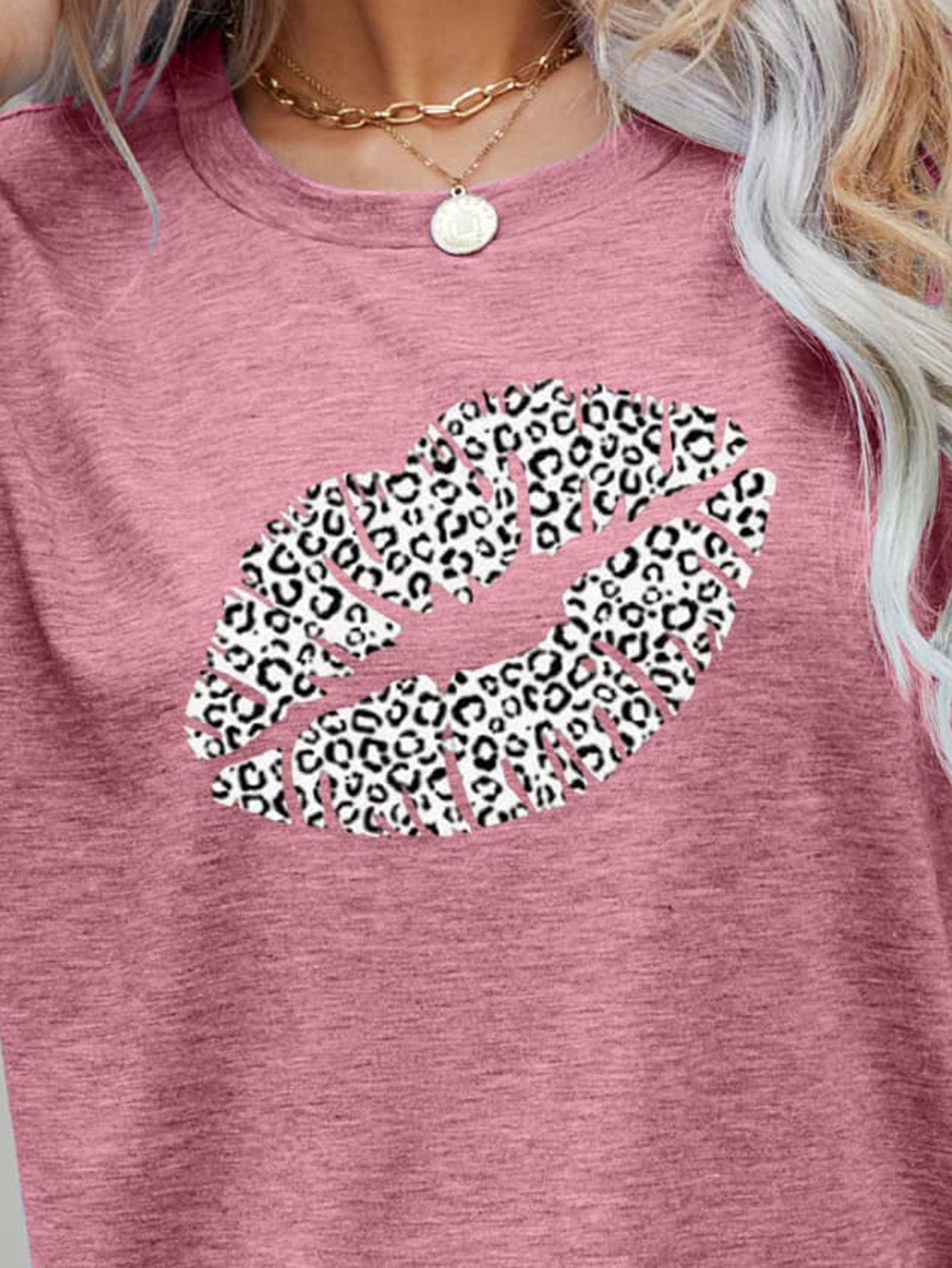 Leopard Lip Graphic Round Neck Tee - T-Shirts - Shirts & Tops - 15 - 2024