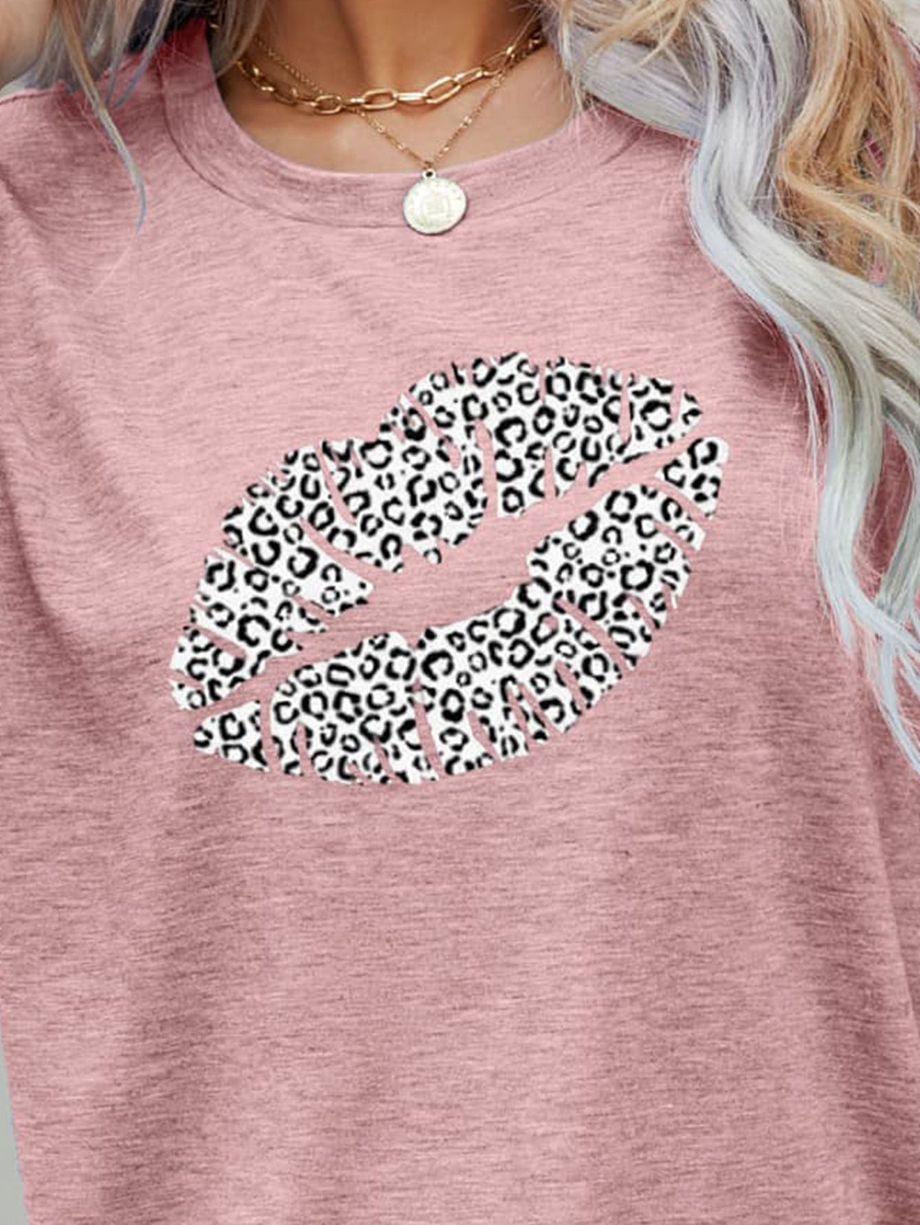 Leopard Lip Graphic Round Neck Tee - T-Shirts - Shirts & Tops - 6 - 2024